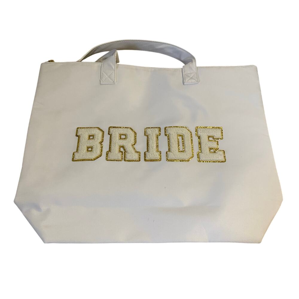 Bride Tote Bag White with Gold Glitter Letters – Wedding Gift
